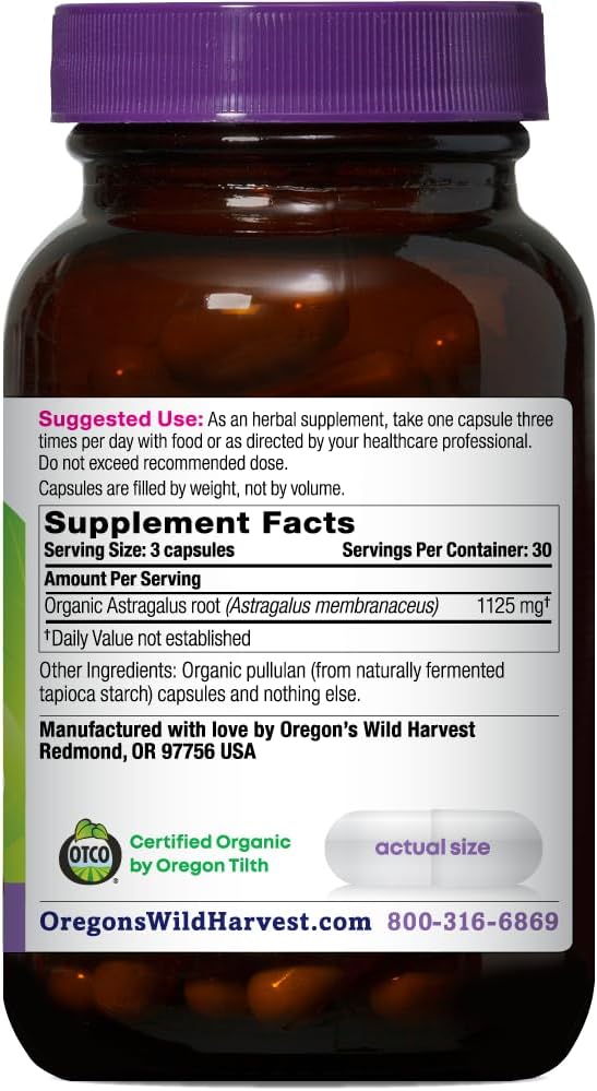 Oregon's Wild Harvest, Certified Organic Astragalus Capsules for Immunity Support, 1125 MGS, 90 Count