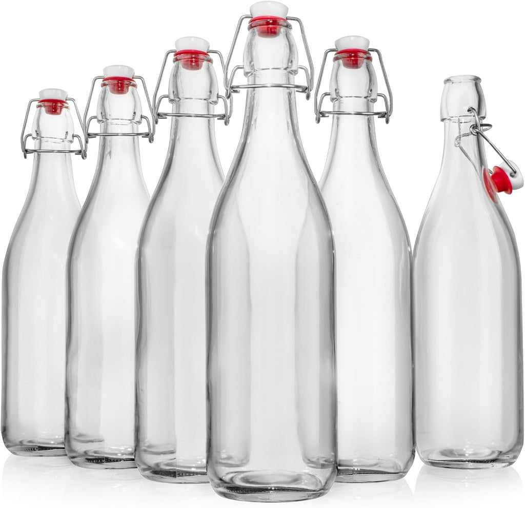 WILLDAN Swing Top Glass Bottles [1 Liter / 33 fl. oz.] [Pack of 6] Flip Top Brewing Bottle w/Leak Proof Stopper Lids for Fermentation, Kombucha, Mead, Vinegar, Beer, Kefir, Wine, Water, Soda