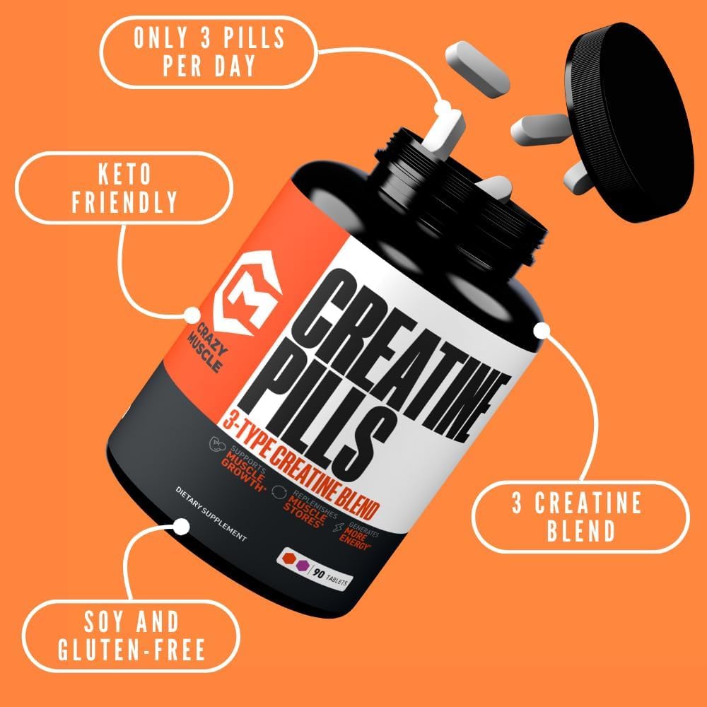 Crazy Muscle, Creatine Pills, 5g 3X Pure Creatine Monohydrate, Pre Workout Bulk Muscle Mass Gainer, High Absorption Easy to Take ThreeAtine 3 Type Optimum Performance for Lean Growth Men Women