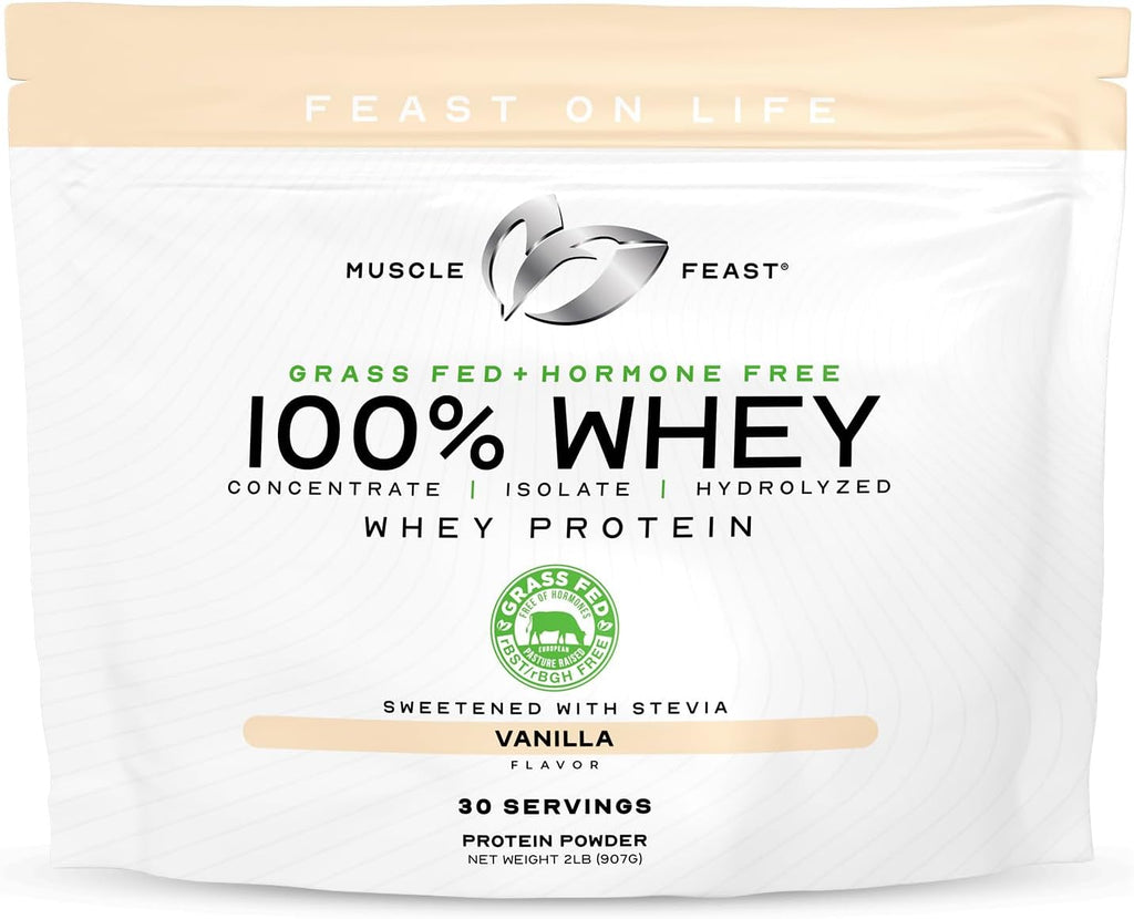Muscle Feast 100% Grass Fed Whey Protein Powder, All Natural, Hormone Free Paure Raised Whey Protein Powder for Women & Men - Whey Concentrate, Isolate & Hydrolyzed Protein Powder Blend - Vanilla, 2lb