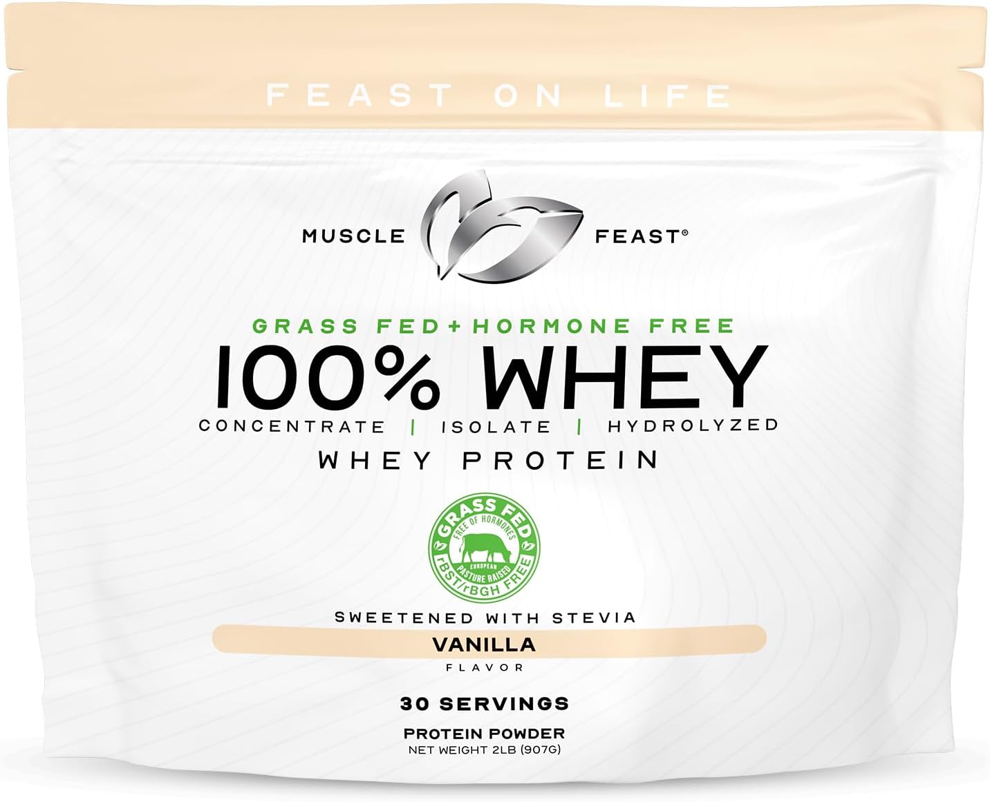 Muscle Feast 100% Grass Fed Whey Protein Powder, All Natural, Hormone Free Paure Raised Whey Protein Powder for Women & Men - Whey Concentrate, Isolate & Hydrolyzed Protein Powder Blend - Vanilla, 2lb