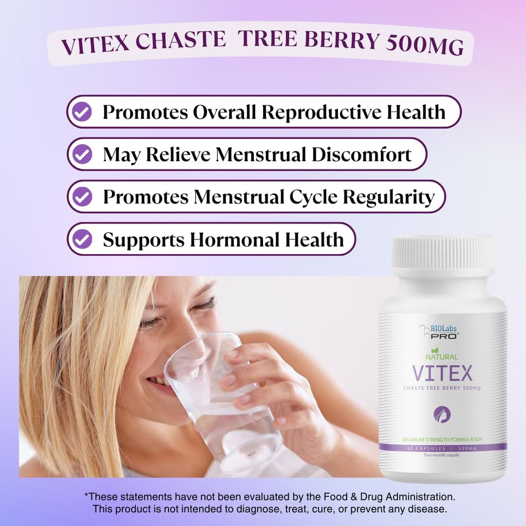 BIOLABS PRO Natural Vitex Chasteberry Supplement for Women - Pure Chaste Tree Berry Extract 500mg, Maximum Strength Formulation, Vegan Capsules, Supports Hormonal Balance - (60 Caps - 2-Month Supply)