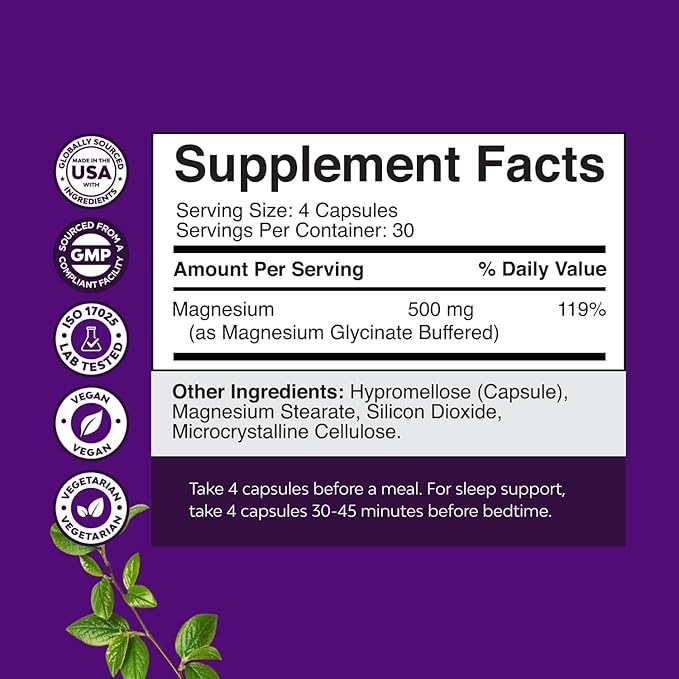 Pure Magnesium Glycinate Supplement 500mg - Magnesium for Sleep and Rest Capsules for Men & Women - Unflavored Vegan High Absorption Pills for Relaxation Support - 120 Count