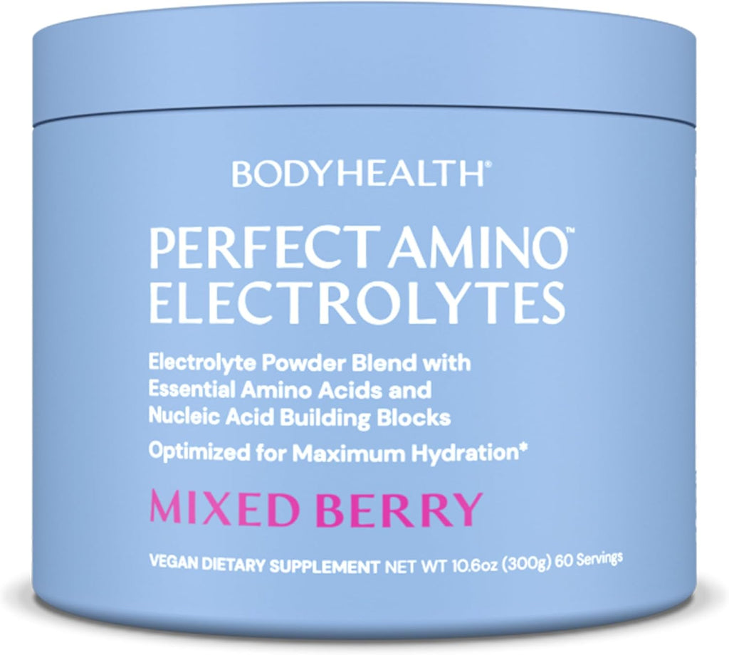 BodyHealth PerfectAmino Electrolytes Powder No Sugar, Keto Sugar Free Fasting Electrolytes Drink Mix, Hydration Powder with Trace Minerals - Mixed Berry - 60 Servings