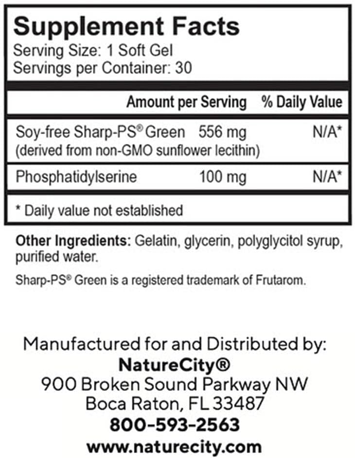 NatureCity True-PS Soy Free Stabilized Phosphatidylserine 100mg Brain Supplements for Memory and Focus - Memory Pills for Brain - Brain Health Supplements for Adults (30 SoftGels)
