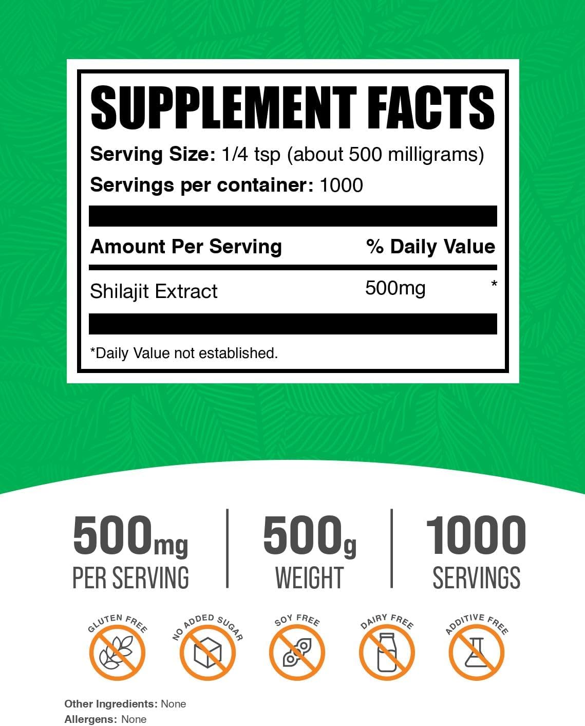 BulkSupplements.com Shilajit Extract Powder - Fulvic Acid Supplement, Shilajit Supplement - Gluten Free, 500mg per Serving of Shilajit Powder, 500g (1.1 lbs) (Pack of 1)