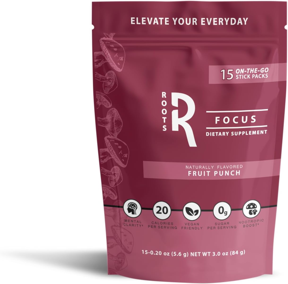 Roots Focus Nootropic Brain Supplement, Fruit Punch, Blend of Lion's Mane, Cordyceps, and Reishi Functional Mushrooms with Extended-Release Caffeine, 15 Servings