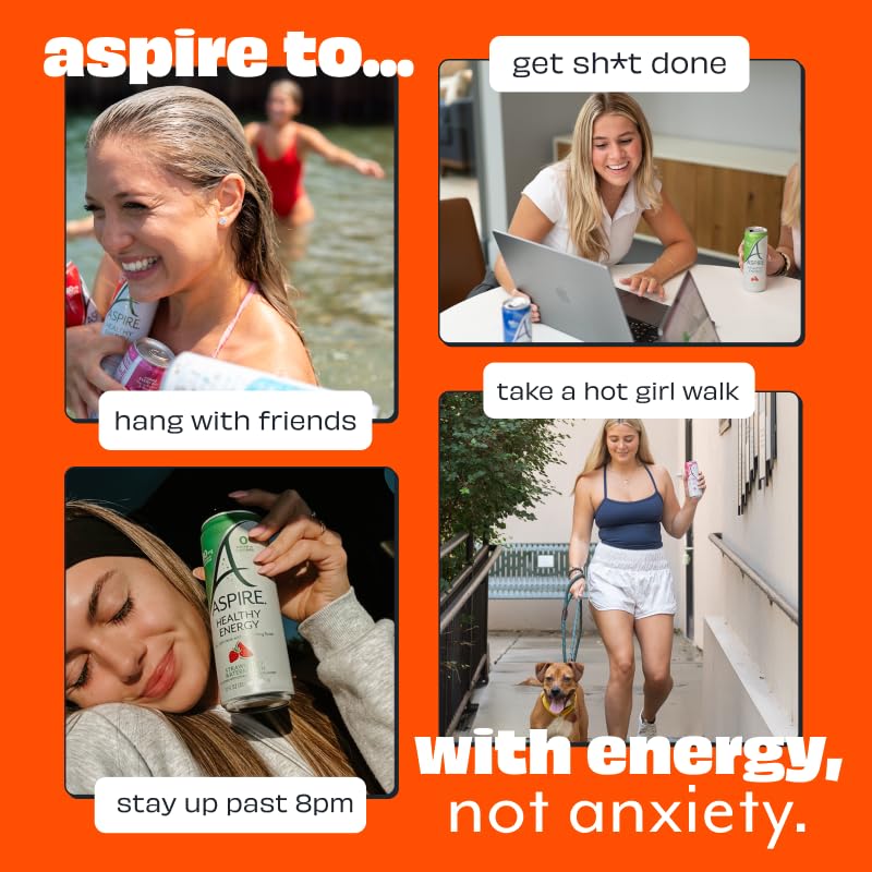 ASPIRE® Mango Lemonade, Healthy Energy Drink 80mg Natural Caffeine, Zero Sugar No Carbs Keto Friendly, 24 Pack Green Tea Sugar Free Drink Low Caffeine Zero Calorie
