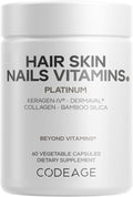 Codeage Hair Skin Nails Vitamins Platinum - KeraGEN-IV Keratin, Dermaval - Hair Fall, Skin Elasticity & Moisture Support - Biotin 5000, Collagen, Vitamin C, Coffeeberry, PABA Supplement - 60 Capsules