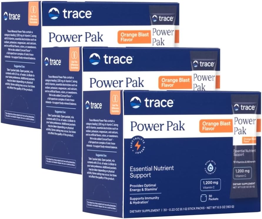 Trace Minerals Power Pak - Daily Health Support Supplement with Vitamins & Minerals - Power Packet Aids Immune Health & Hydration - Mix Powder Supports Bodily Functions - Orange Blas (90 Servings) t