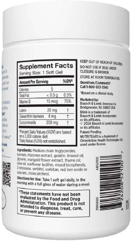 Blink NutriTears Clinically Proven Supplement for Dry Eyes, Eye Care with Lutein & Zeaxanthin and Vitamin D to Hydrate Eyes from Within for Long-Lasting Relief, 50 Softgels