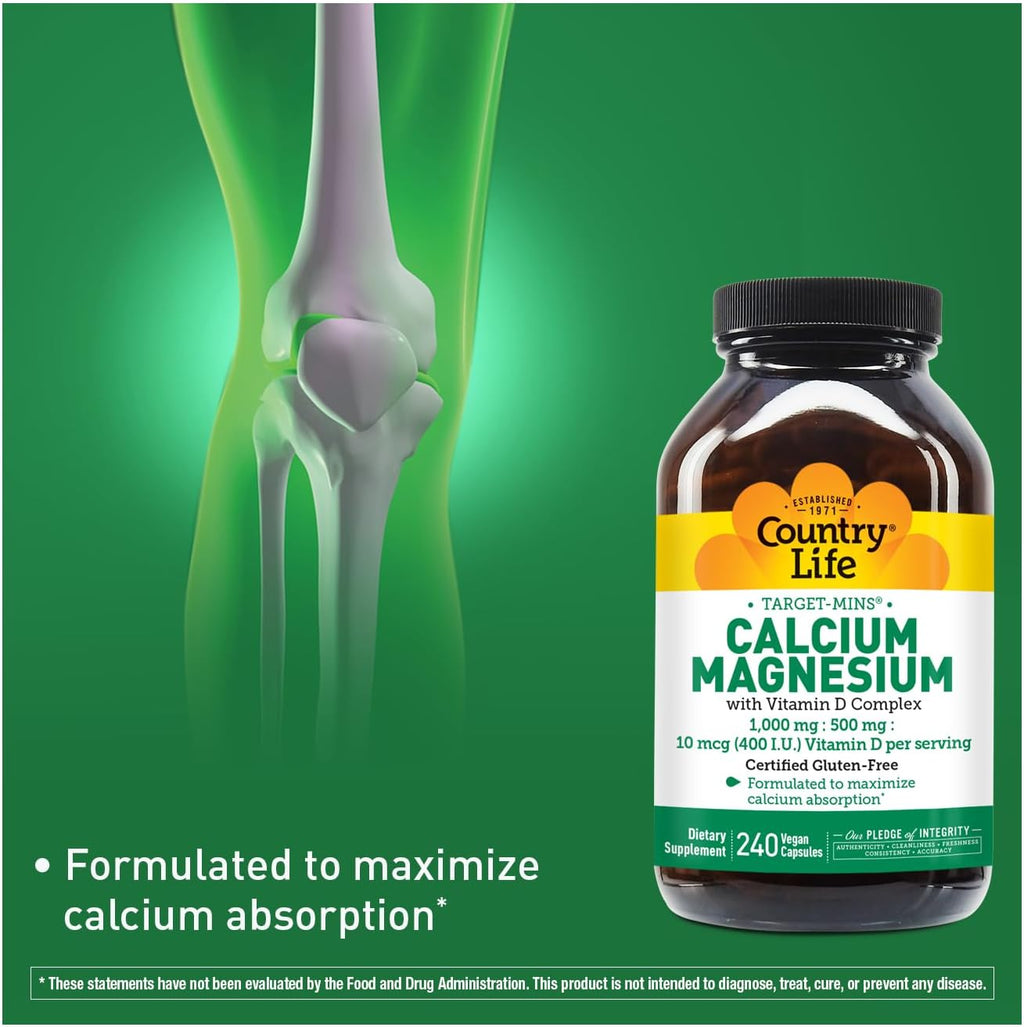 Country Life Target-Mins Calcium Magnesium with Vitamin D-Complex, 1000mg/500mg/10mcg, 240 Vegan Capsules, Certified Gluten Free, Certified Vegan, Verified Non-GMO Verified