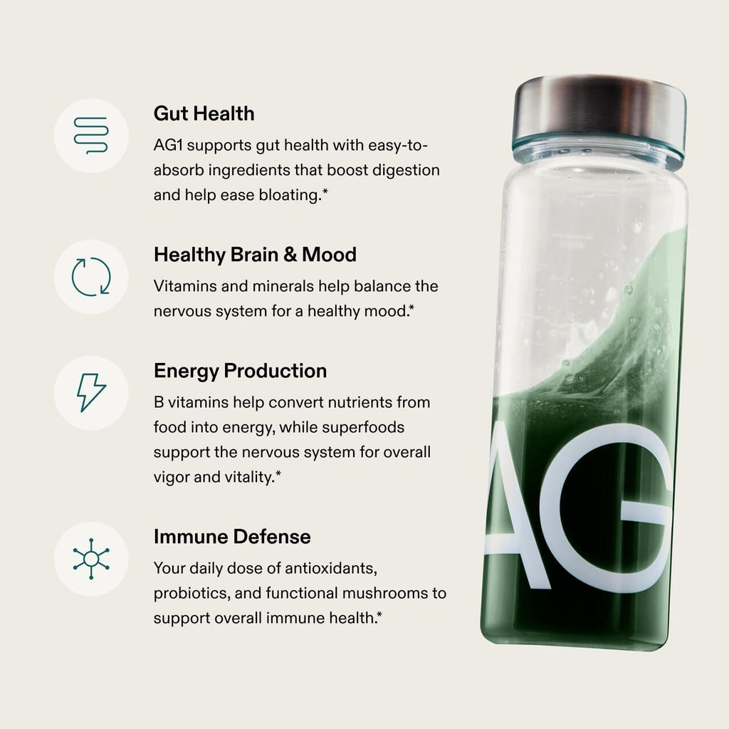 AG1 Greens Powder Supplement | Improve Gut Health | Multivitamin, Probiotic, Gluten Free, Vegan and Keto Friendly | Shaker & Scoop Included | 75 Vitamins (Athletic Greens), Classic Formula