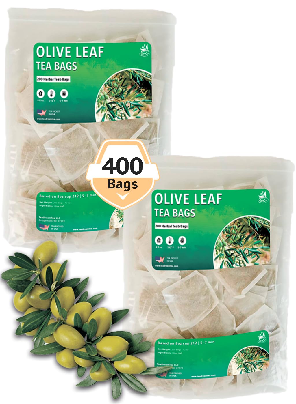 TeaDreamTea Olive Leaf Tea Bags - 400 Count, Natural Caffeine-Free | Herbal Tea for Blood Pressure | Antioxidant & Immune Support