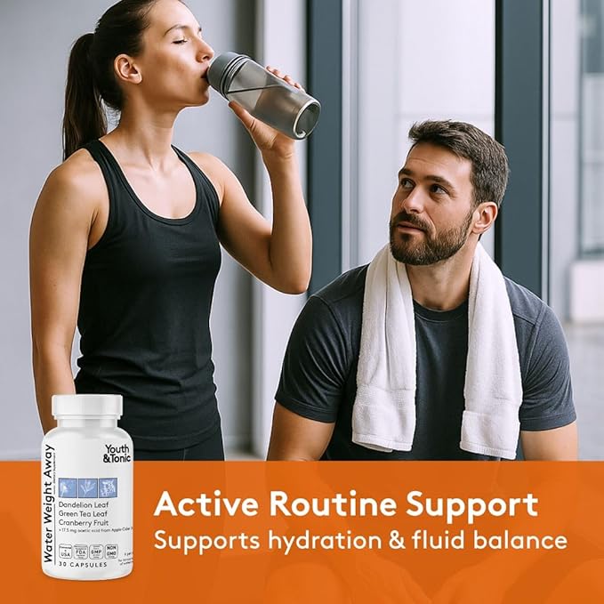 Youth & Tonic Water Weight Away – Herbal Diuretics for Water Retention & Bloating Support – with Potassium & Vitamin B6 for Fluid Balance – 30 Pills for Belly Bloat, Leg & Feet Swelling Support