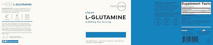 Type Zero L-Glutamine Powder (500G) 3-Month Supply Pure L-Glutamine Supplement - Vegan, Gluten Free, No Fillers