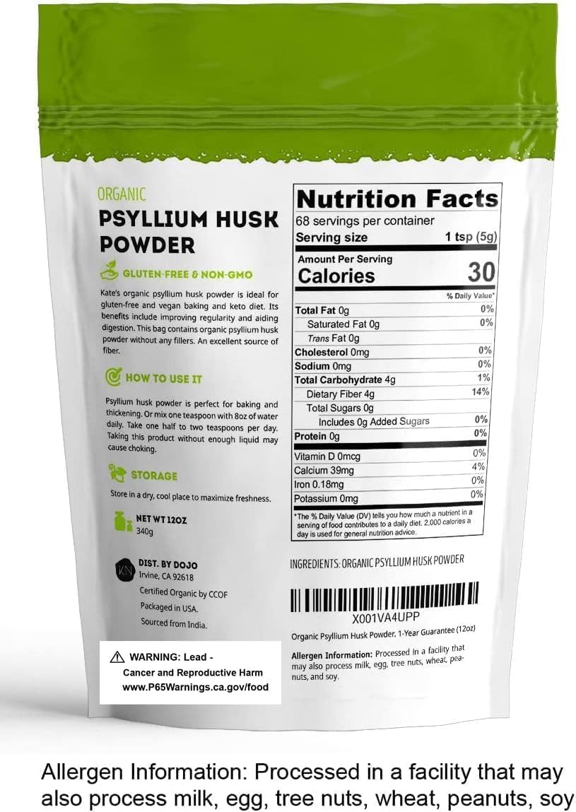 Kate Naturals Psyllium Husk Powder for Baking, Fiber & Digestion. Psyllium Seed Powder for Dogs & Cats (12oz, Organic, Gluten Free, Pet Safe)