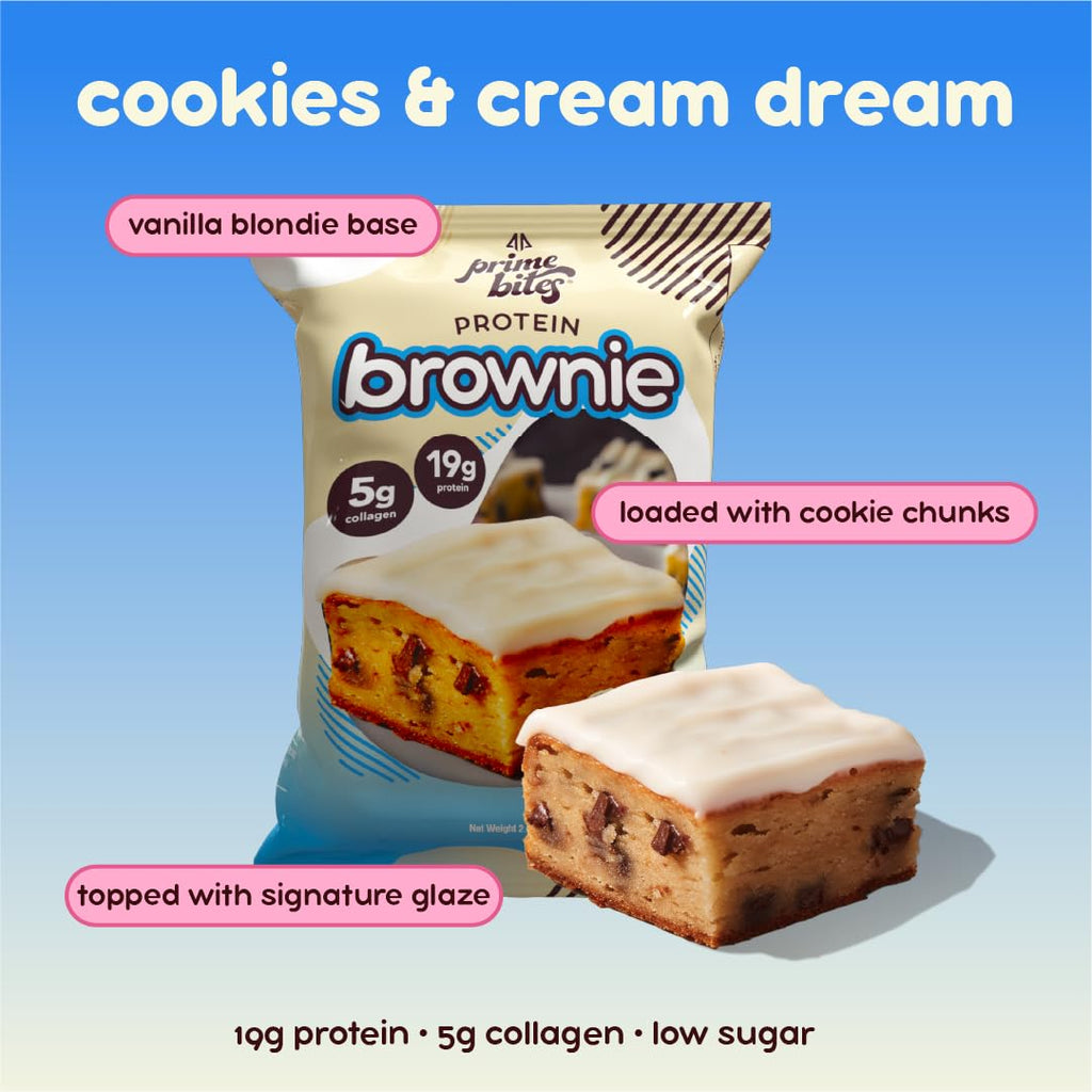 Prime Bites Protein Brownie from Alpha Prime Supplements | High Protein, Collagen Fortified Low Sugar Treat | Delicious Snack | 12 Bars per Box (Cookies & Cream Blondie)