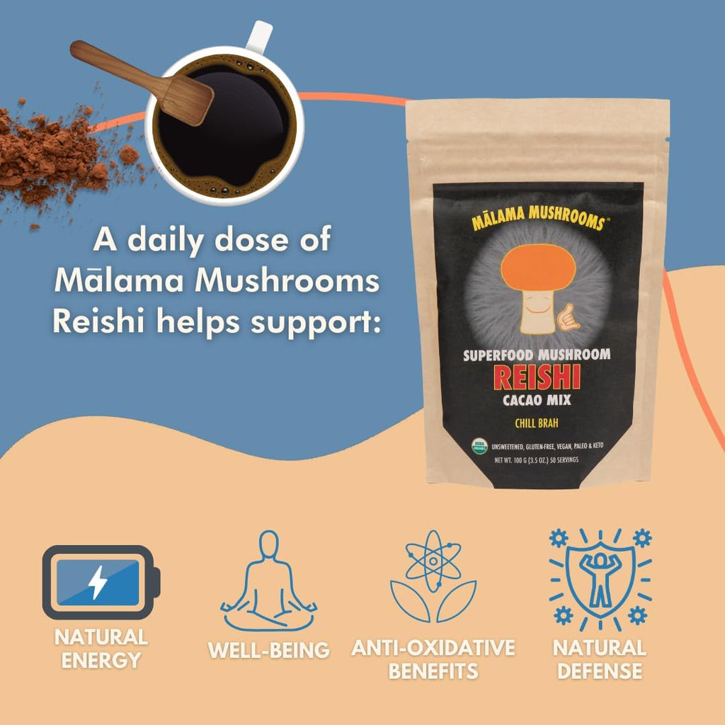 Malama Organic Mushroom Hot Cacao Mix, Reishi Mushroom Powder with Fair Trade Cacao for Immune Support & Relaxation – Vegan Supplement & Superfood, Non GMO, 3.5 oz (50 Servings)