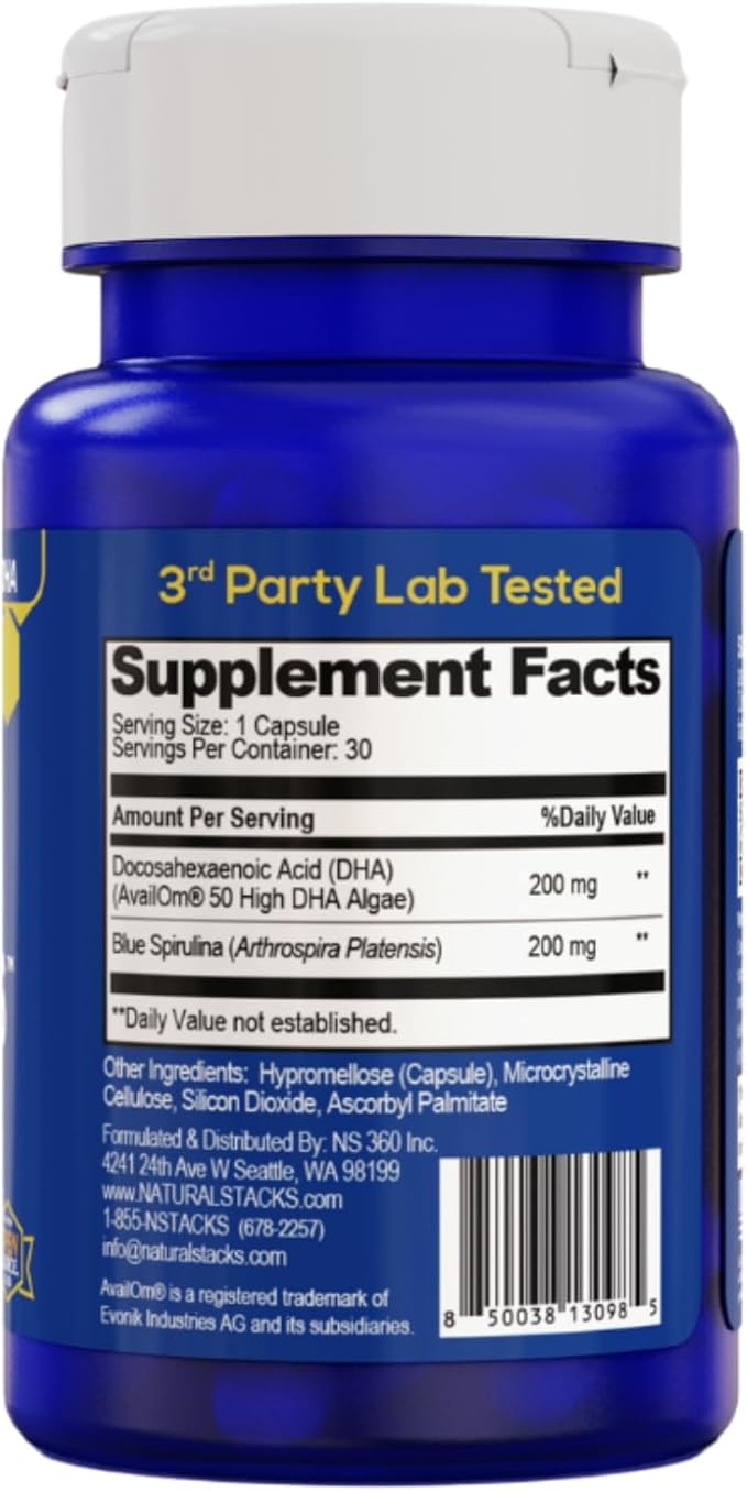 NATURAL STACKS Smart Omegas - Omega 3 Supplement w/ 200mg DHA & 200mg Blue Spirulina - Plant Based Algae Oil Omega 3 Supplement - Fish Oil Free Antioxidant Support - 30 Blue Spirulina Capsules