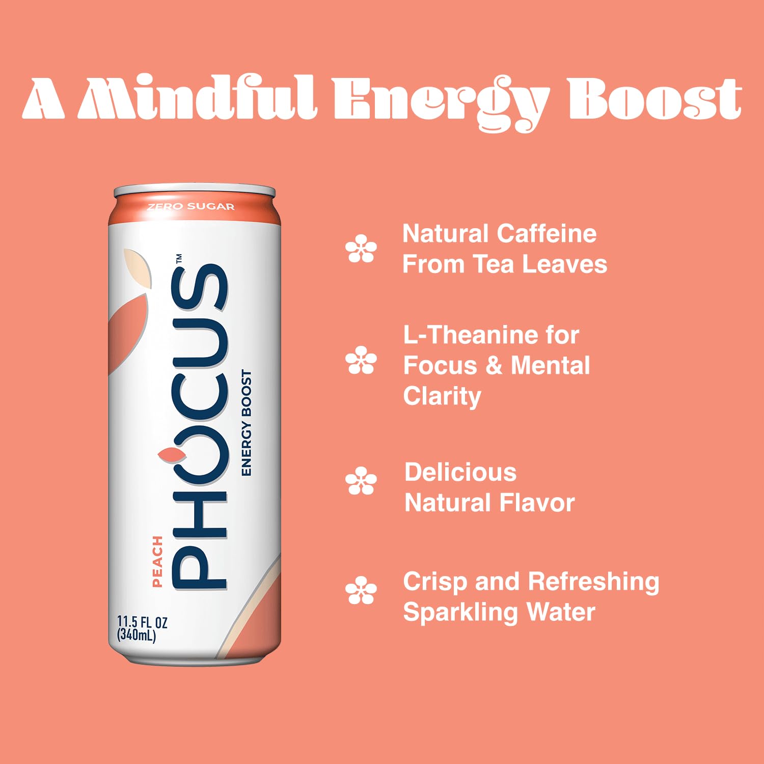 PHOCUS Caffeinated Sparkling Water, Peach, 75mg Natural Caffeine Plus L-Theanine, Zero Sugar, Zero Calories, No Artificial Sweeteners, 11.5 fl oz Cans (Pack of 12)