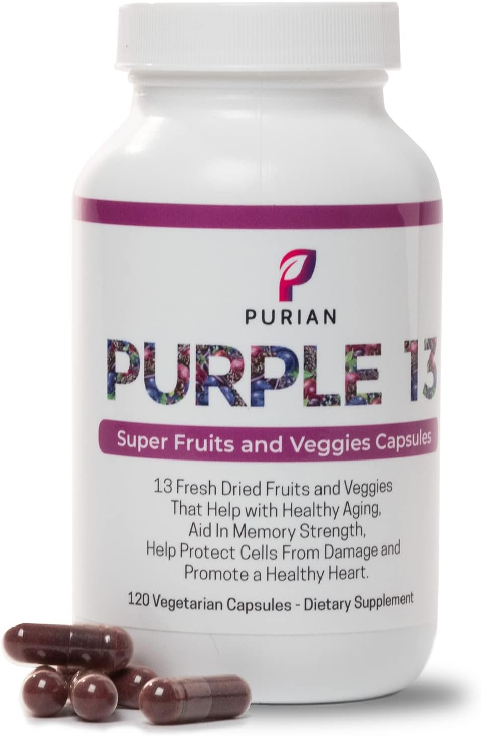 PURIAN Purple SuperFood Fruit and Veggie Supplement Fresh Dried Purple Fruit and Vegetable Supplements Promotes Anti-Aging, Heart Health, Aids Memory Strength, 120 Vegetarian Capsules