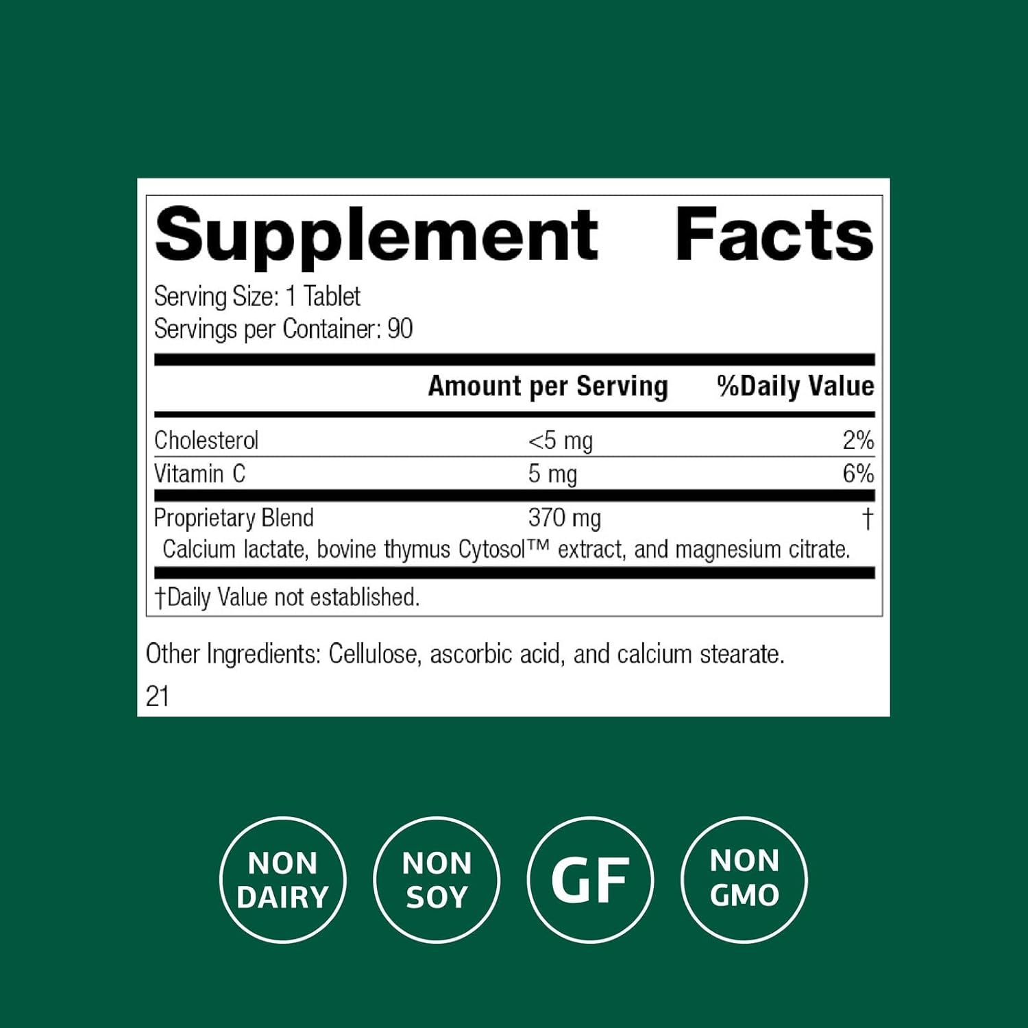 Standard Process Inc. Thymex - Whole Food Cholesterol, Thymus Supplement and Immune Support Supplement with Vitamin C, Magnesium Citrate, and Calcium Lactate - Gluten Free - 90 Tablets