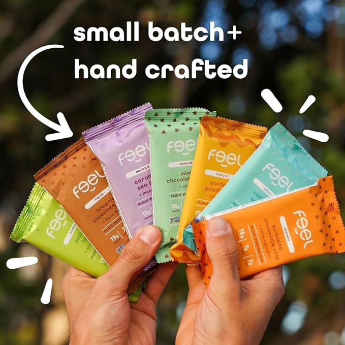 Feel Vegan Protein Bars, Vitality, Maca Root, Dairy, Nut, Grain, Soy Free, 15g Plant Protein, Adaptogenic Snack, Organic, Low Sugar, Low Carb, Gluten Free, Caramel Sea Salt, 10 Pack