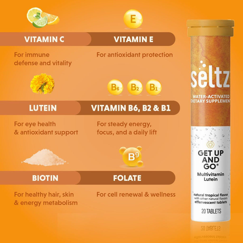 Seltz® Get Up and Go – Effervescent Multivitamin with Lutein for Daily Energy, Eye Health & Antioxidant Support – Tropical Flavor, 20 Tablets (Pack of 1)