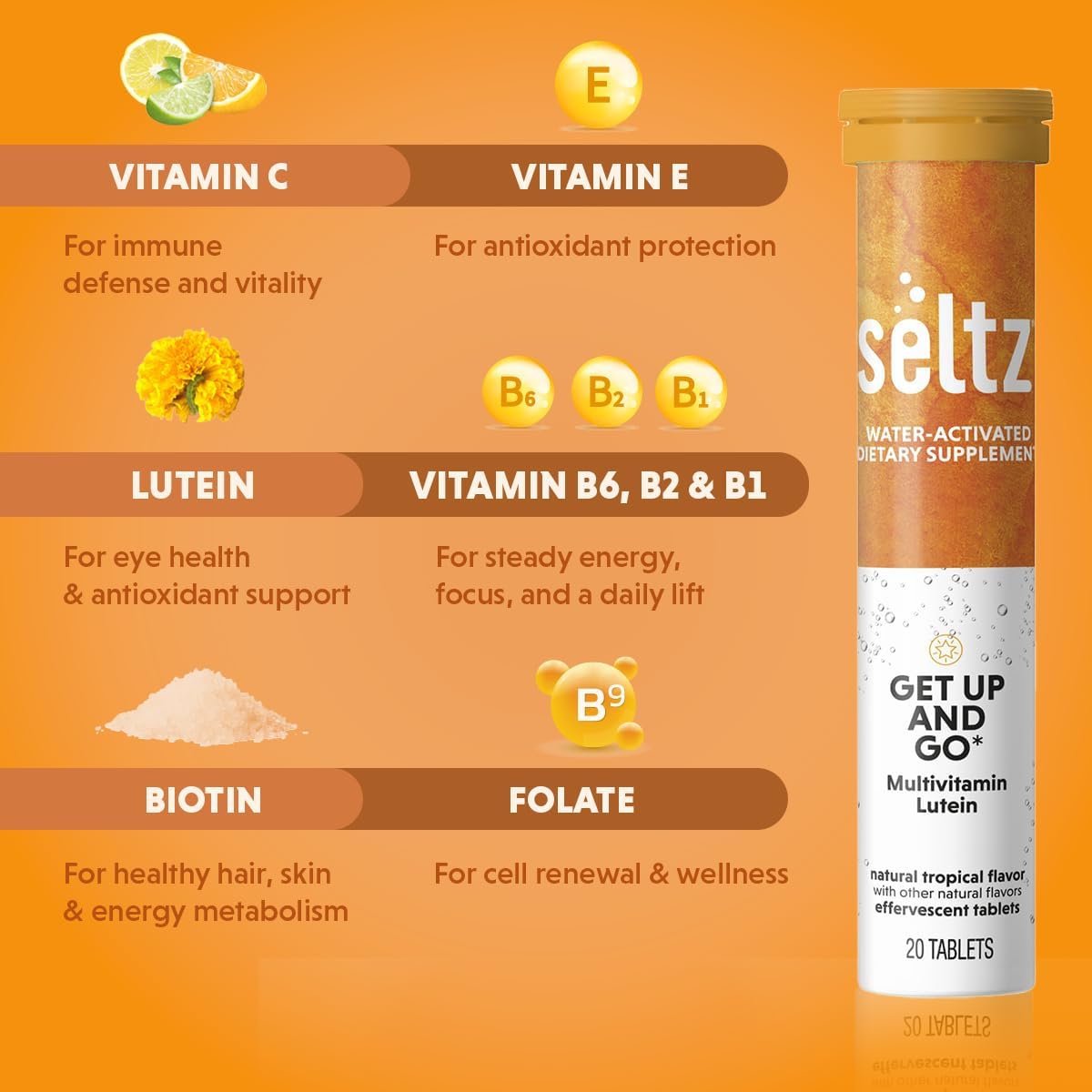 Seltz® Get Up and Go – Effervescent Multivitamin with Lutein for Daily Energy, Eye Health & Antioxidant Support – Tropical Flavor, 20 Tablets (Pack of 1)