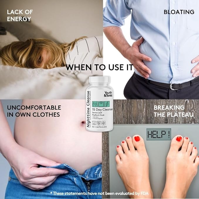 Youth & Tonic Overnight Intestinal Cleanse Supplement - Natural Constipation Relief for Men & Women with Senna Leaf, Psyllium Husk, Cascara Sagrada & Fibre - 30 Capsules. Can Be Strong for Some People