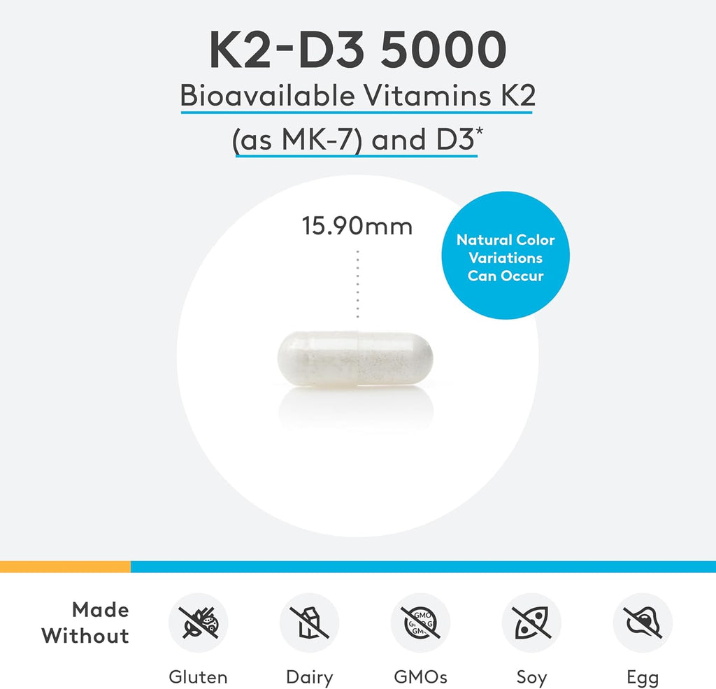 XYMOGEN K2-D3 5000 - Vitamin D3 K2 - Bioavailable Vitamin D 5000 IU (Cholecalciferol) with MK-7 - Heart, Arterial, Bone Health + Immune Support Supplement (120 Capsules)