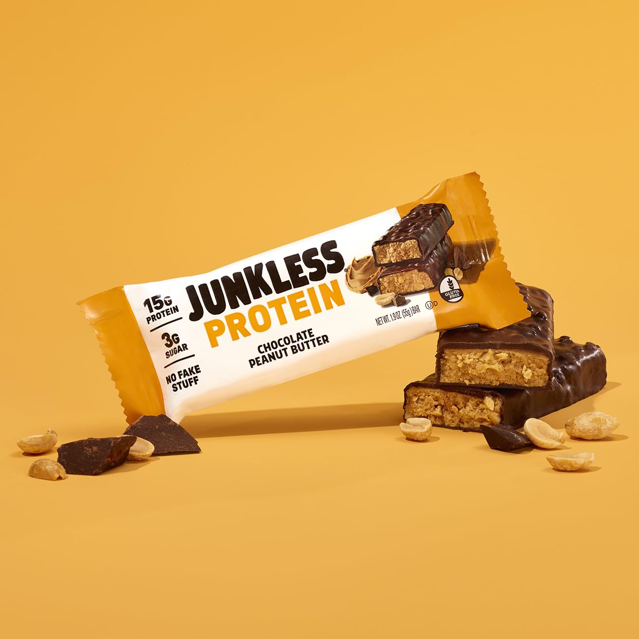 JUNKLESS Protein Bars - Chocolate Peanut Butter - 15g Protein, No Added Sugar, Gluten Free, High Fiber, Delicious Taste and Texture, Satisfying, Healthy Snack for Energy - 12 Bars