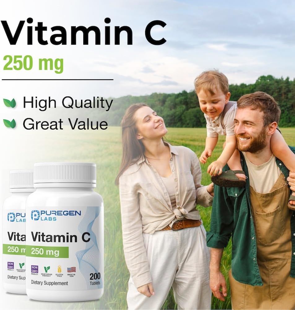 Puregen Labs Vitamin C 250 MG Supports a Healthy Immune System & Antioxidant Protection | Non-GMO | Gluten Free | Made in USA - 200 Tablets