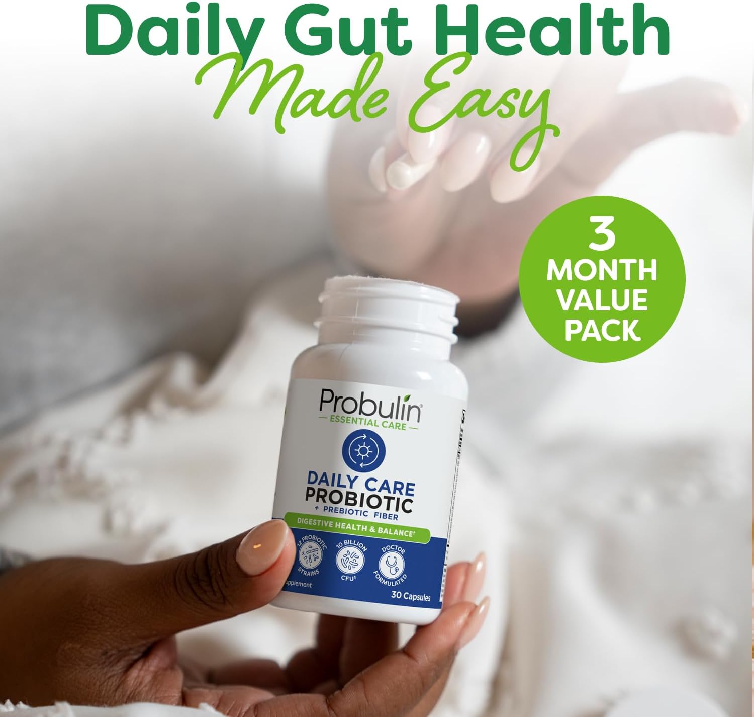 Probulin Daily Care Probiotic Supplement, Digestive, Gut, and Immune Health Support Capsules for Men and Women, 10 Billion CFU, Vegan, 90 Count Bottle