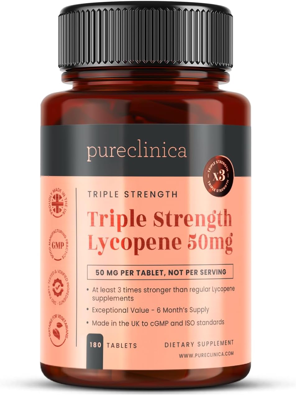 pureclinica Lycopene 50mg x 180 Tablets (6 Months Supply). 300% Strength of Regular Lycopene Tablets