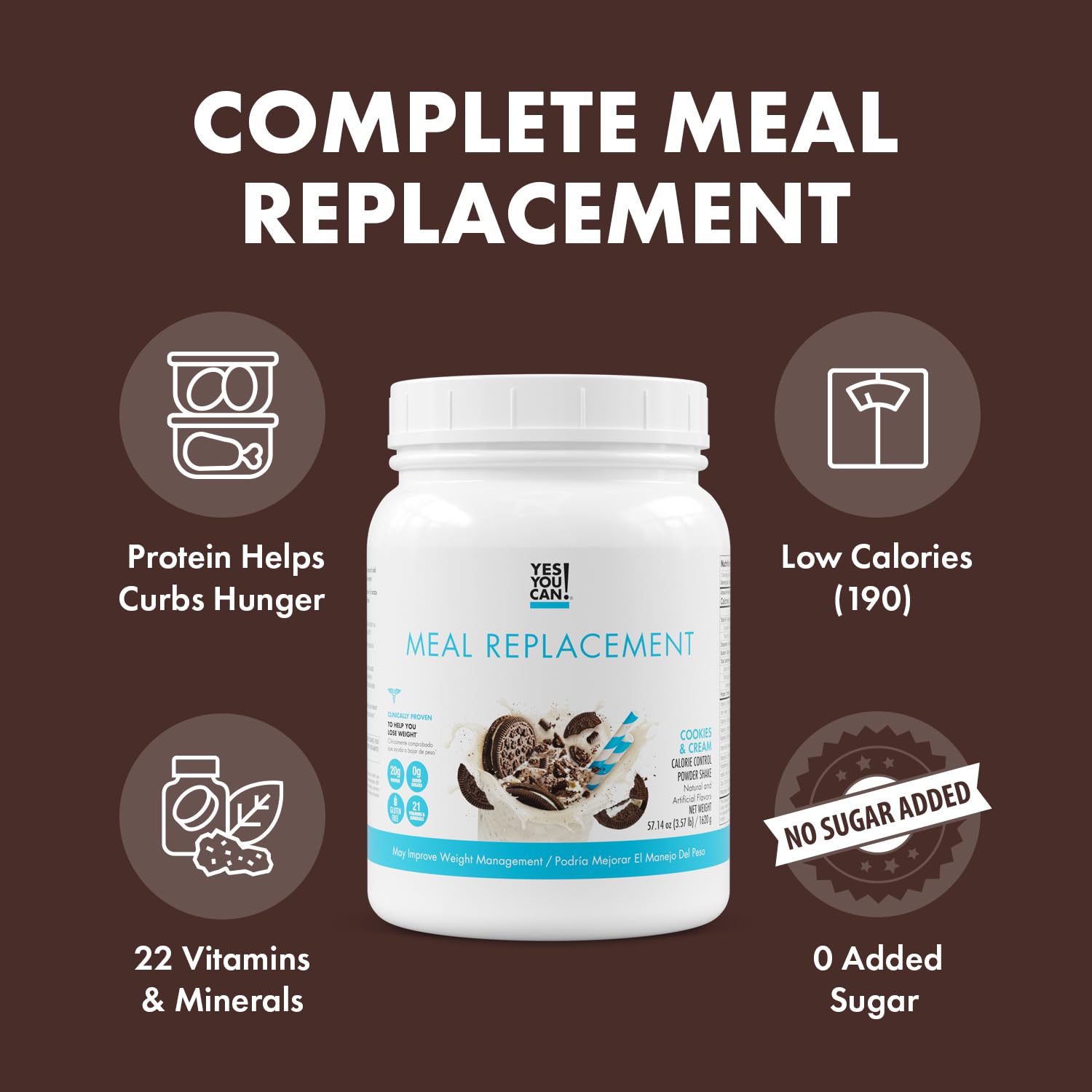 Yes You Can! Complete Meal Replacement - 15 Servings, 20g of Protein, 0g Added Sugars, 21 Vitamins and Minerals - All-in-One Nutritious Meal Replacement Shake (Cookies & Cream)