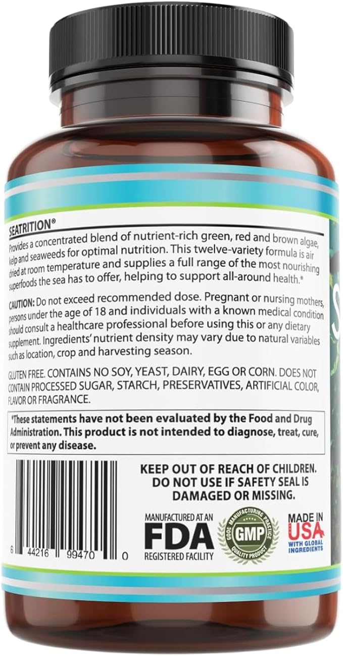 Seatrition Immune Thyroid Support Pure 12 Whole Seaweed Plants Vegan Friendly (3 Month Supply) Natural Multi Vitamin Sea Minerals Wholefood Nutrition Supplement 90 Veg Capsules - 3 Pack