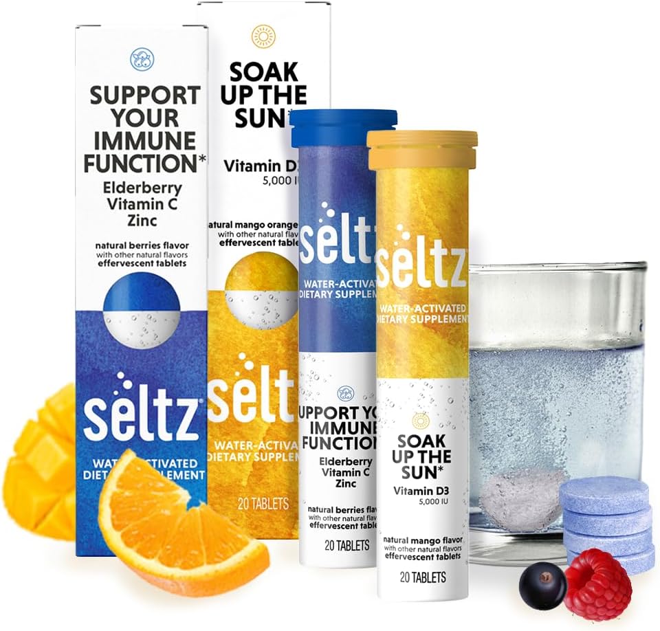 Seltz® D-fense & D-Light Pack - Vitamin D + Immune Support Effervescent Vitamins (Soak up The Sun + Support Your Immune Function) with Vitamin D3 (5,000 IU), Elderberry, Vitamin C, and Zinc