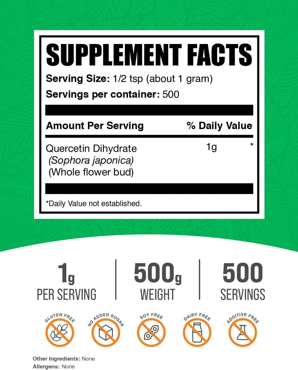 BulkSupplements.com Quercetin Dihydrate Powder - Quercetin Supplements, Antioxidants Source - Vegan & Gluten Free, 1g per Serving, 500g (1.1 lbs) (Pack of 1)