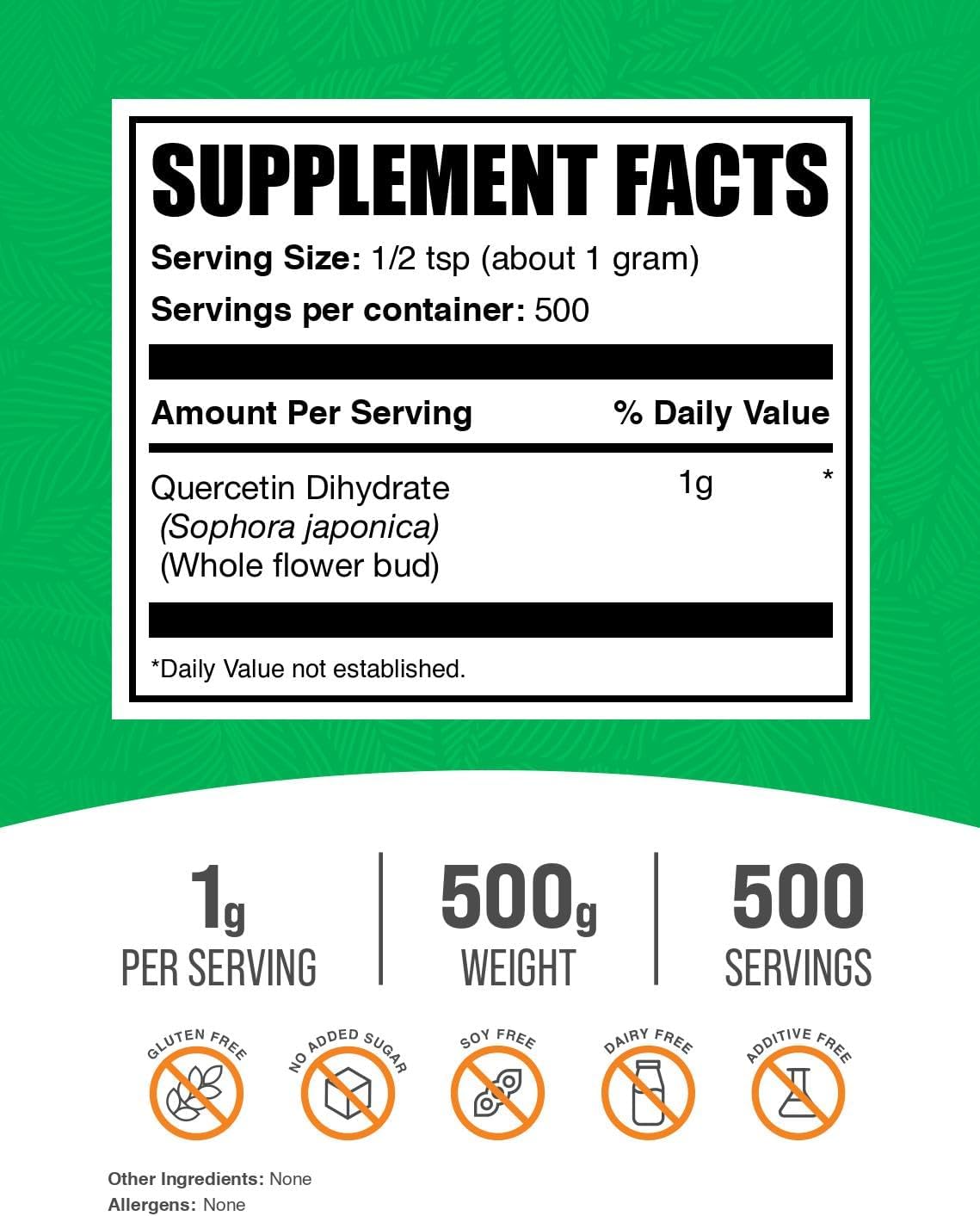 BulkSupplements.com Quercetin Dihydrate Powder - Quercetin Supplements, Antioxidants Source - Vegan & Gluten Free, 1g per Serving, 500g (1.1 lbs) (Pack of 1)