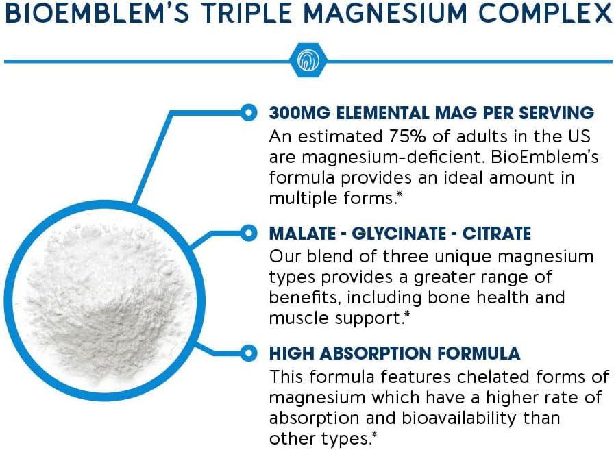 BioEmblem Triple Magnesium Complex | 300mg of Magnesium Glycinate, Malate, & Citrate for Muscles, Nerves, & Energy | High Absorption | Vegan, Non-GMO | 180 Capsules