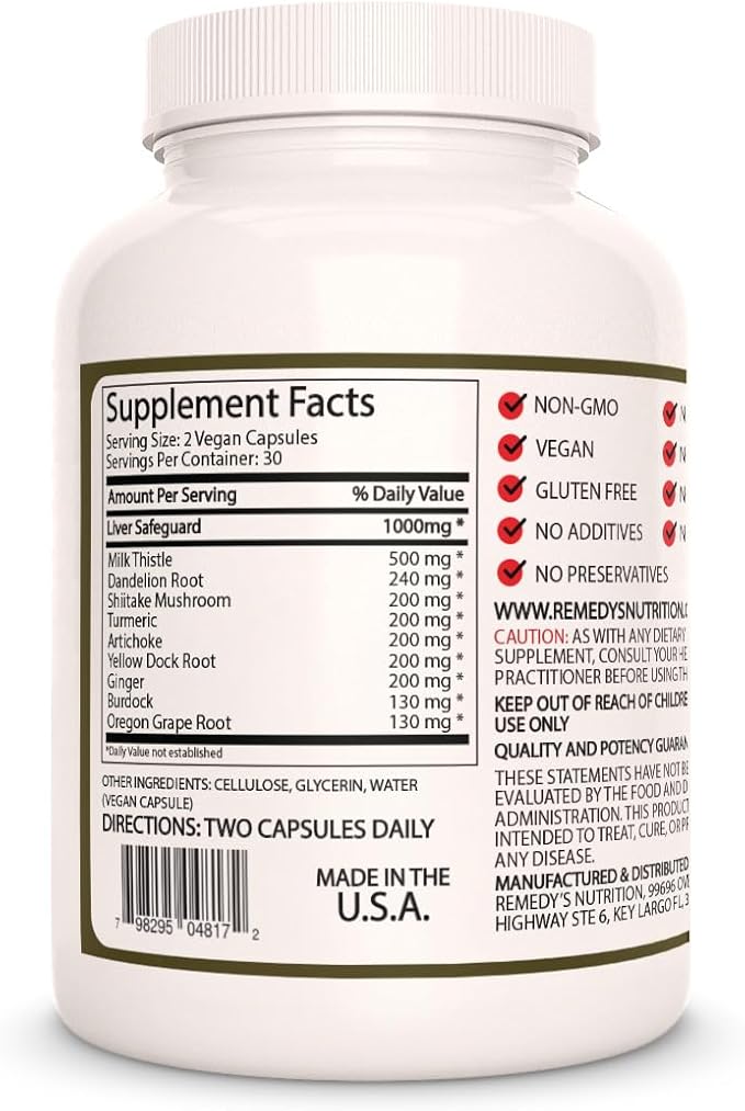 Remedy's nutrition Liver Safeguard™ | 1,000 mg, 60 Vegan Capsules Proprietary Herbal Dietary Supplement | Two Month Supply