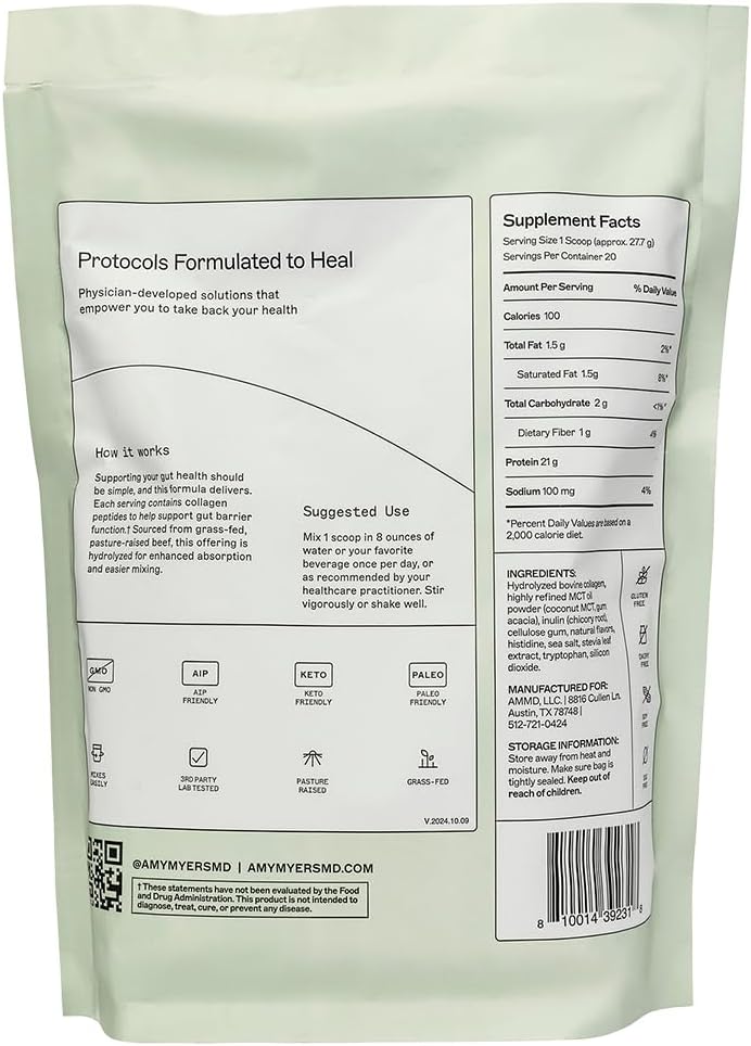 Amy Myers MD Paleo Protein Powder - with Collagen Peptides for Gut Health - Supports Hair, Skin & Nails - Non-GMO, Gluten-Free, Non-Dairy & More - Vanilla Bean - 19.54 oz (20 Servings)