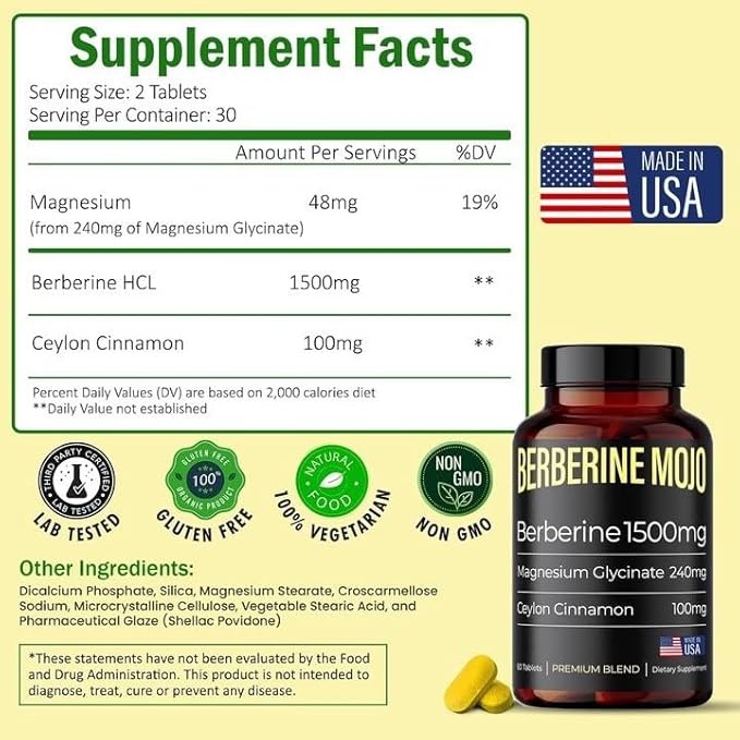Berberine 1500mg Supplement with GLP-1 & Glucose Support - Berberine HCL, Magnesium Glycinate, Ceylon Cinnamon - Sugar Control & Weight Management Herbal Supplements - Made in USA, 60 Tablets