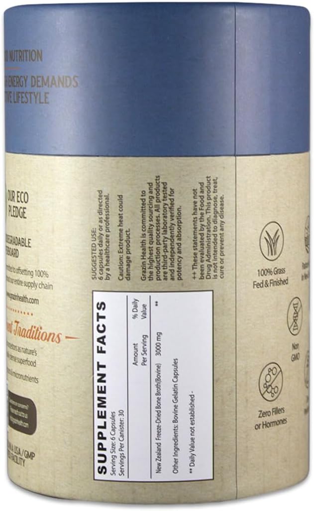Freeze-Dried Grass-Fed Bovine Bone Broth Capsules – 3000mg Per Serving – Collagen, Protein & Amino Acids – Pasture-Raised in New Zealand, Manufactured in USA – 30 Servings