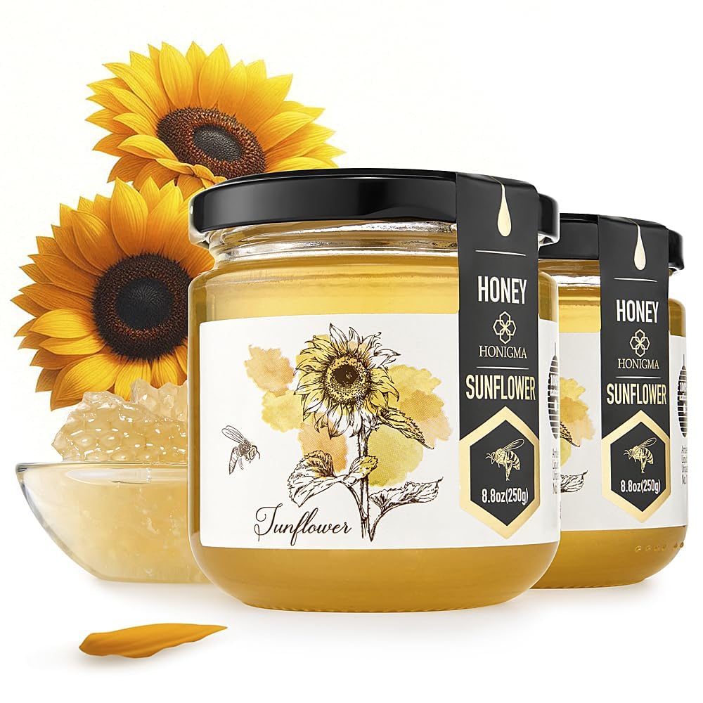 HONIGMA® Raw Sunflowers Honey | Exquisite Taste | 100% Pure | Unpasteurized | Unfiltered | Partially crystallized | 250g/8.8oz