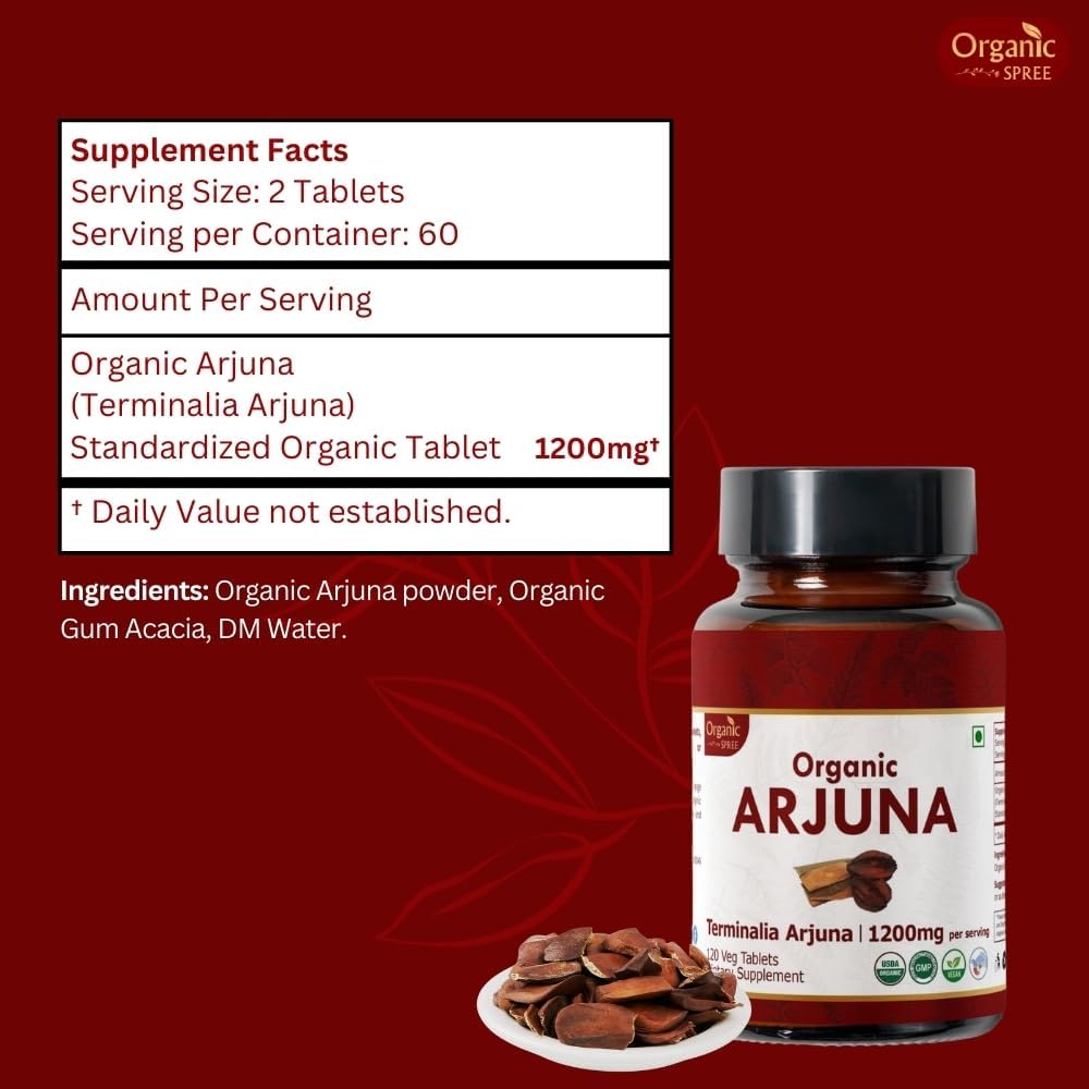 Arjuna 120 Tablets – USDA Organic Terminalia Arjuna Supplement – Supports Heart & Cardiovascular Health* - Pack of 2