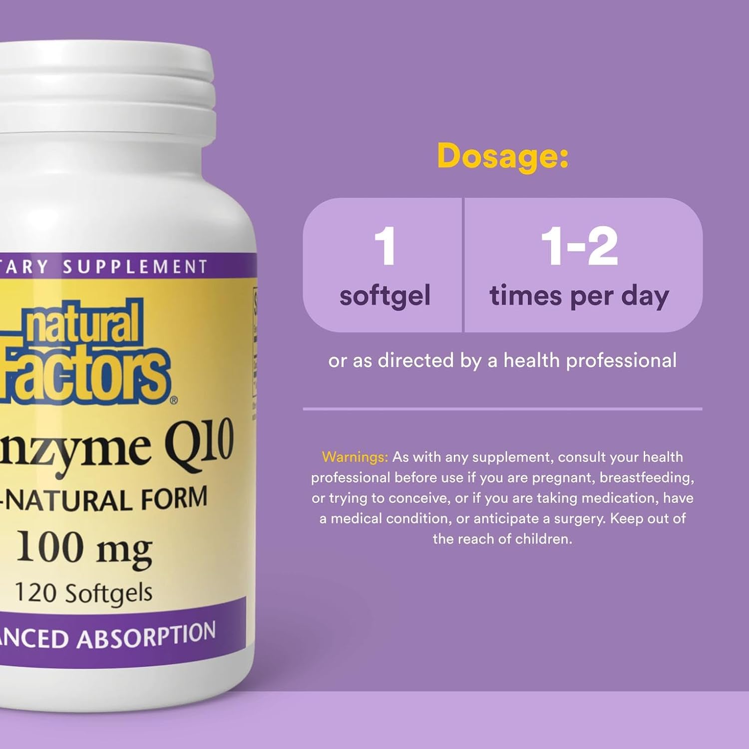 Natural Factors Coenzyme Q10 100 mg, Natural Coenzyme Q10 Supplement for Energy, Heart and Cognitive Support, 120 Softgels