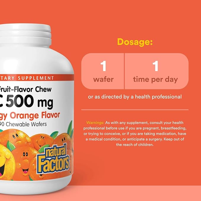 Natural Factors, Vitamin C 500 mg, Kids Chewable to Support Healthy Bones and Teeth, Tangy Orange, Vegan, Non-GMO, 90 wafers (90 servings)